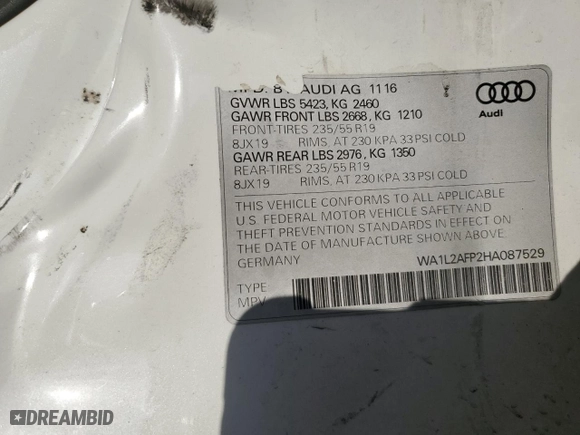 2017 Audi Q5 Premium Plus with VIN WA1L2AFP2HA087529, listed as a Copart auction lot 44251435 with 188,269 mi miles and Salvage Title. Bid and sale history available at carsss.com. Image 14.