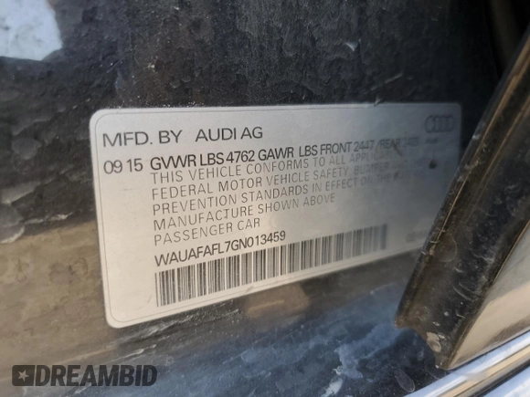 2016 Audi A4 Premium with VIN WAUAFAFL7GN013459, listed as a Copart auction lot 70289984 with 111,655 mi miles and Salvage Title. Bid and sale history available at carsss.com. Image 12.