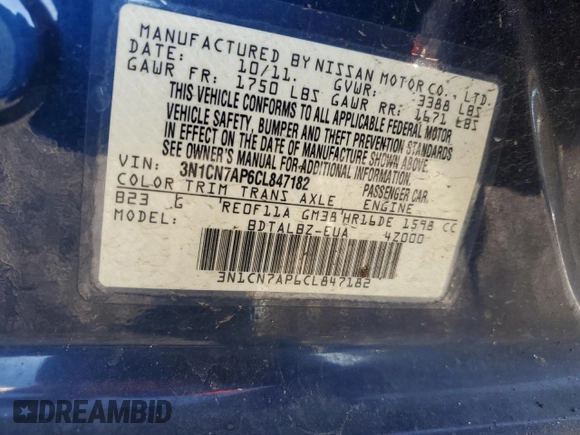 2012 Nissan Versa SV with VIN 3N1CN7AP6CL847182, listed as a Copart auction lot 47076275 with 137,493 mi miles and Salvage Title. Bid and sale history available at carsss.com. Image 14.