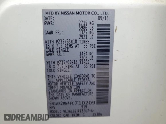 2015 Nissan Pathfinder S с VIN 5N1AR2MN4FC710209, выставлен на аукционе Copart как лот 51515215 с пробегом 64 706 миль миль и Списание • Salvage title. История ставок и продаж доступна на DreamBid. Изображение 15.