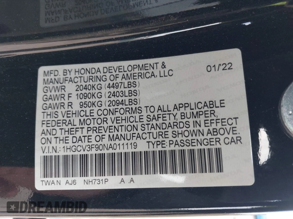 2022 Honda Accord Touring with VIN 1HGCV3F90NA011119, listed as a IAAI auction lot 41988926 with Not provided miles and . Bid and sale history available at DreamBid. Image 9.