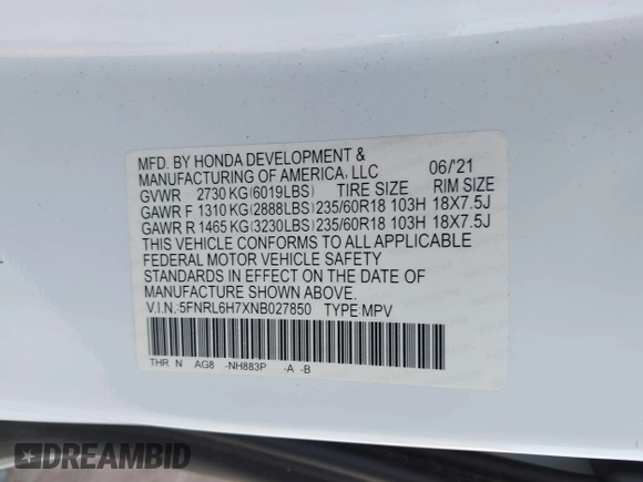 2022 Honda Odyssey EX-L with VIN 5FNRL6H7XNB027850, listed as a IAAI auction lot 41723046 with 84,299 mi miles and . Bid and sale history available at DreamBid. Image 9.