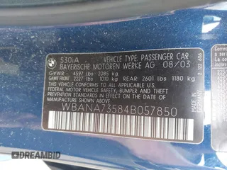 2004 BMW 5 Series 530i z VIN WBANA73584B057850, wystawiony jako IAAI lot #42595745 z przebiegiem 164 718 mil mil oraz . Historia ofert i sprzedaży dostępna na DreamBid. Obrazek 9.