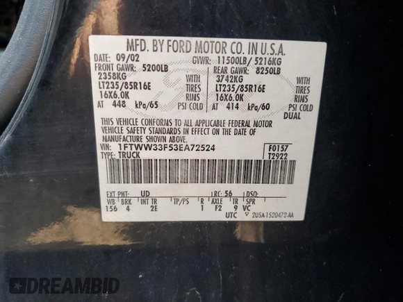2003 Ford F-350 XL with VIN 1FTWW33F53EA72524, listed as a Copart auction lot 58817635 with 117,675 mi miles and Clean title. Bid and sale history available at DreamBid. Image 12.