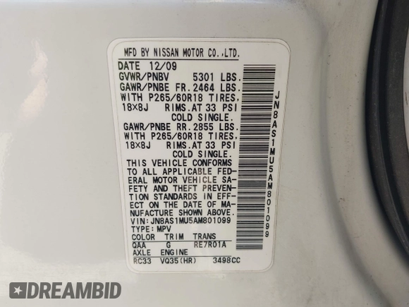 2010 Infiniti FX with VIN JN8AS1MU5AM801099, listed as a IAAI auction lot 42721893 with 197,531 mi miles and . Bid and sale history available at DreamBid. Image 9.