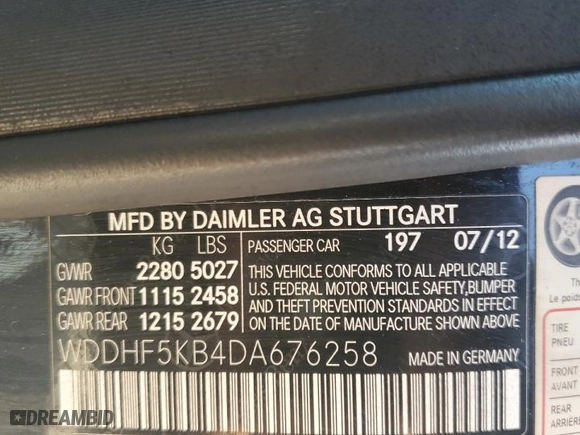 2013 Mercedes-Benz E-Class E 350 Luxury with VIN WDDHF5KB4DA676258, listed as a Copart auction lot 50431465 with 102,305 mi miles and Salvage Title. Bid and sale history available at carsss.com. Image 12.