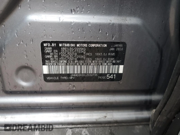 2020 Mitsubishi Outlander SE with VIN JA4AD3A30LZ032735, listed as a Copart auction lot 54156225 with 90,699 mi miles and Salvage title. Bid and sale history available at DreamBid. Image 13.