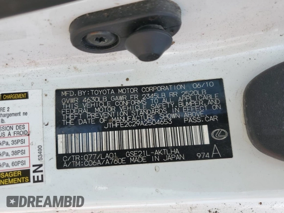 2010 Lexus IS with VIN JTHFE2C29A2504653, listed as a Copart auction lot 53067815 with Not Provided miles and Salvage Title. Bid and sale history available at carsss.com. Image 13.