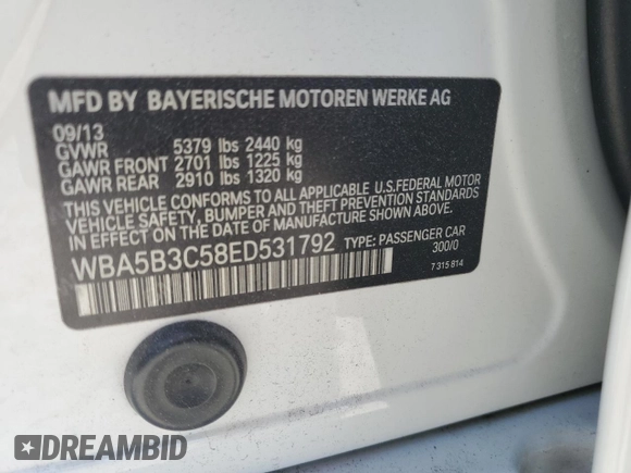2014 BMW 5 Series 535i xDrive с VIN WBA5B3C58ED531792, выставлен на аукционе Copart как лот 58132715 с пробегом 138 120 миль миль и Чистый • Clean title. История ставок и продаж доступна на DreamBid. Изображение 12.