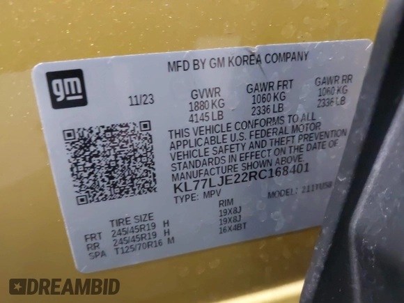 2024 Chevrolet Trax 2RS with VIN KL77LJE22RC168401, listed as a IAAI auction lot 41289797 with 33,224 mi miles and . Bid and sale history available at DreamBid. Image 9.