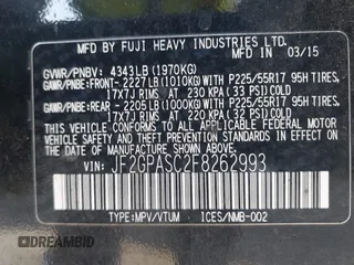 2015 Subaru Crosstrek Limited with VIN JF2GPASC2F8262993, listed as a IAAI auction lot 41097045 with 114,773 mi miles and . Bid and sale history available at DreamBid. Image 9.
