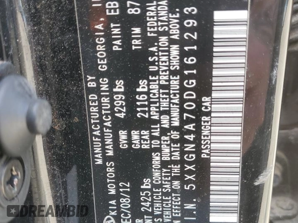 2013 Kia Optima EX with VIN 5XXGN4A70DG161293, listed as a Copart auction lot 52730425 with 0 mi miles and Salvage Title. Bid and sale history available at carsss.com. Image 13.
