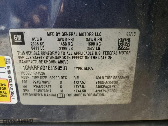 2014 Chevrolet Traverse LS with VIN 1GNKRFKD1EJ190501, listed as a Copart auction lot 49215675 with 198,668 mi miles and Salvage Title. Bid and sale history available at carsss.com. Image 14.