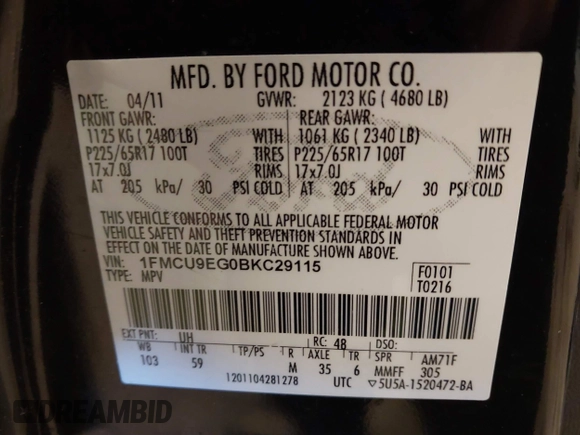 2011 Ford Escape Limited with VIN 1FMCU9EG0BKC29115, listed as a IAAI auction lot 41605426 with 189,187 mi miles. Bid and sale history available at carsss.com. Image 9.