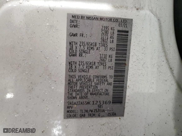 2021 Nissan Murano S with VIN 5N1AZ2AS5MC125369, listed as a Copart auction lot 47180925 with 32,567 mi miles and Salvage Title. Bid and sale history available at carsss.com. Image 13.