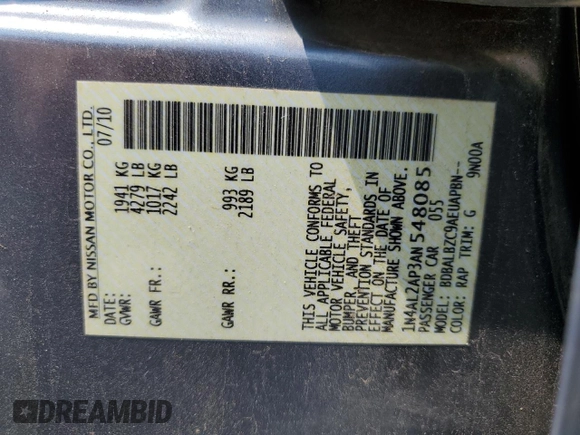 2010 Nissan Altima S with VIN 1N4AL2AP3AN548085, listed as a Copart auction lot 61909105 with 139,373 mi miles and Salvage title. Bid and sale history available at DreamBid. Image 12.