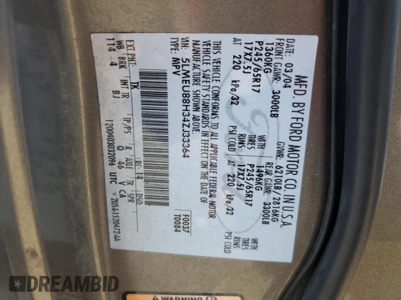 2004 Lincoln Aviator Luxury z VIN 5LMEU88H34ZJ33364, wystawiony jako Copart lot #88258685 z przebiegiem 142 517 mil mil oraz Szkoda całkowita • Salvage title. Historia ofert i sprzedaży dostępna na DreamBid. Obrazek 15.