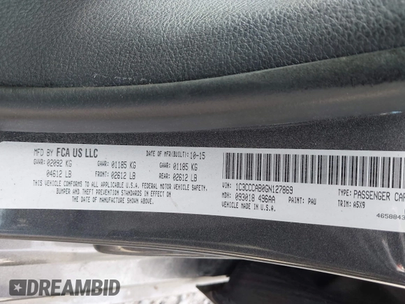 2016 Chrysler 200 Limited with VIN 1C3CCCAB0GN127869, listed as a IAAI auction lot 42233622 with 200,656 mi miles and . Bid and sale history available at DreamBid. Image 9.