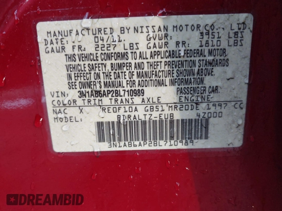 2011 Nissan Sentra 2.0 with VIN 3N1AB6AP2BL710989, listed as a IAAI auction lot 41440511 with 121,716 mi miles and . Bid and sale history available at DreamBid. Image 9.