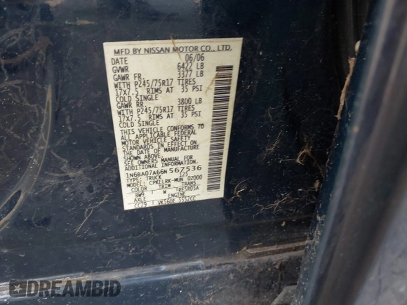 2006 Nissan Titan LE с VIN 1N6BA07A66N567536, выставлен на аукционе IAAI как лот 42280181 с пробегом 221 560 миль миль и . История ставок и продаж доступна на DreamBid. Изображение 9.