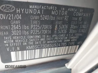 2005 Hyundai Santa Fe GLS with VIN KM8SC73D85U924785, listed as a IAAI auction lot 41964578 with 172,898 mi miles. Bid and sale history available at carsss.com. Image 9.