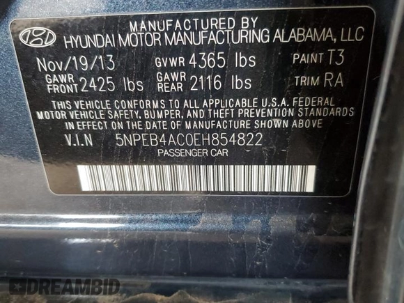 2014 Hyundai Sonata GLS with VIN 5NPEB4AC0EH854822, listed as a Copart auction lot 43057365 with 173,438 mi miles and Salvage Title. Bid and sale history available at carsss.com. Image 12.