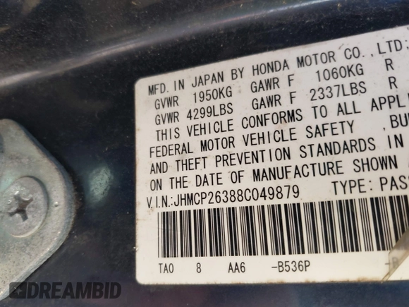 2008 Honda Accord LX z VIN JHMCP26388C049879, wystawiony jako IAAI lot #42058469 z przebiegiem 196 513 mil mil oraz . Historia ofert i sprzedaży dostępna na DreamBid. Obrazek 9.