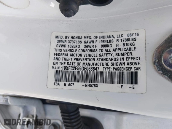 2016 Honda Civic Sedan LX with VIN 19XFC2F59GE068847, listed as a IAAI auction lot 42051510 with 113,450 mi miles. Bid and sale history available at carsss.com. Image 9.