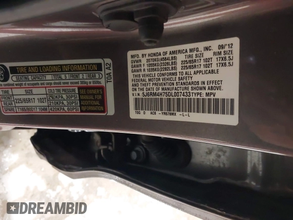 2013 Honda CR-V EX-L with VIN 5J6RM4H75DL007433, listed as a IAAI auction lot 41617472 with 138,039 mi miles. Bid and sale history available at carsss.com. Image 9.
