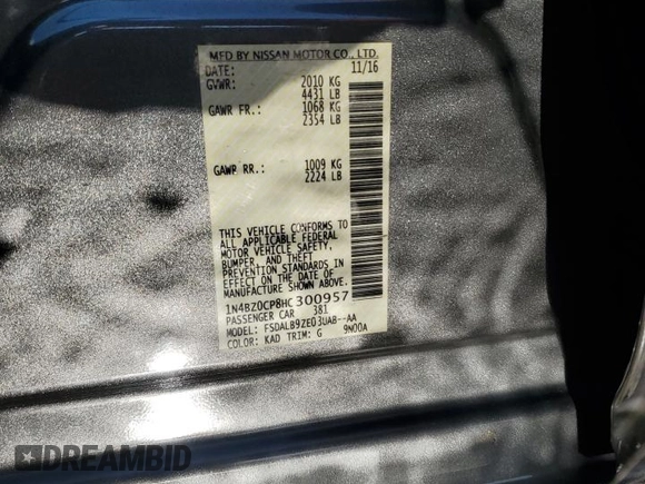 2017 Nissan LEAF SL with VIN 1N4BZ0CP8HC300957, listed as a Copart auction lot 74267414 with 53,594 mi miles and Salvage Title. Bid and sale history available at carsss.com. Image 12.
