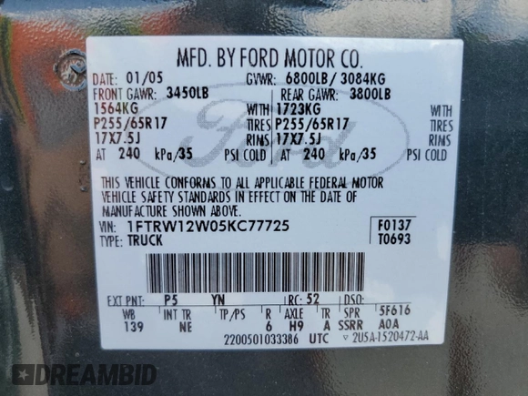 2005 Ford F-150 XLT with VIN 1FTRW12W05KC77725, listed as a Copart auction lot 61828205 with 171,121 mi miles and Salvage title. Bid and sale history available at DreamBid. Image 12.