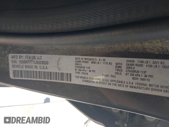 2020 Ram 1500 Big Horn with VIN 1C6SRFFT1LN328030, listed as a IAAI auction lot 42264730 with 47,428 mi miles and . Bid and sale history available at DreamBid. Image 9.