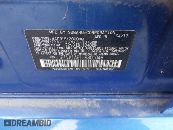 2018 Subaru WRX с VIN JF1VA1A61J9801048, выставлен на аукционе IAAI как лот 42356910 с пробегом 74 439 миль миль и . История ставок и продаж доступна на DreamBid. Изображение 9.