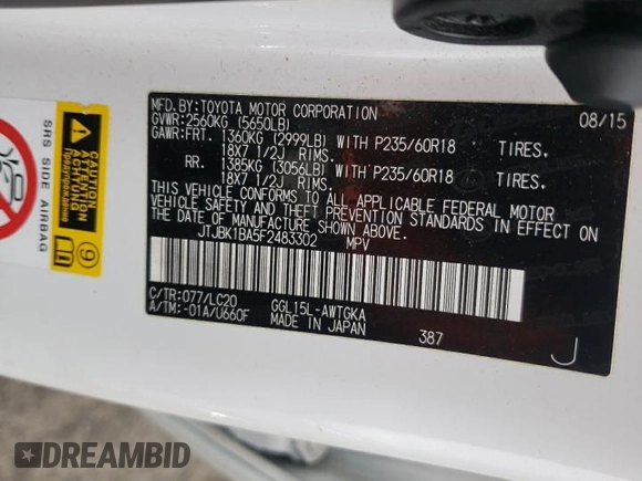 2015 Lexus RX 350 with VIN JTJBK1BA5F2483302, listed as a Copart auction lot 51577485 with 134,797 mi miles and Salvage title. Bid and sale history available at DreamBid. Image 12.