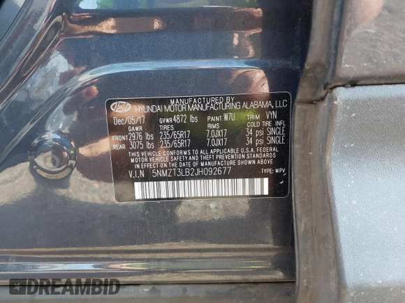 2018 Hyundai Santa Fe 2.4L with VIN 5NMZT3LB2JH092677, listed as a IAAI auction lot 42033763 with 158,039 mi miles and . Bid and sale history available at DreamBid. Image 9.