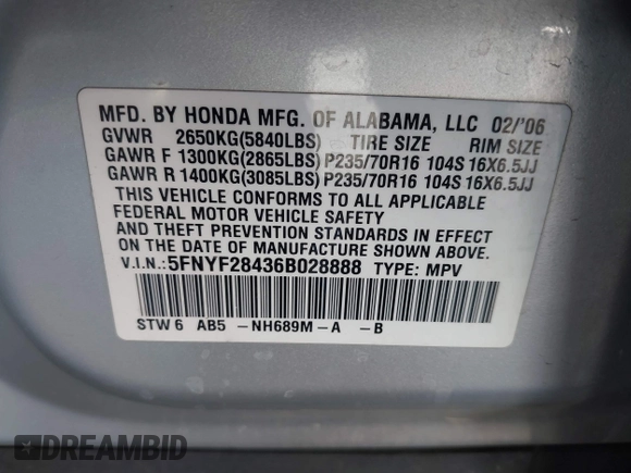 2006 Honda Pilot EX with VIN 5FNYF28436B028888, listed as a IAAI auction lot 42014594 with 219,180 mi miles and . Bid and sale history available at DreamBid. Image 9.