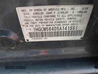 2005 Honda Accord LX z VIN 1HGCM56405A141551, wystawiony jako IAAI lot #42754807 z przebiegiem 251 759 mil mil oraz . Historia ofert i sprzedaży dostępna na DreamBid. Obrazek 9.