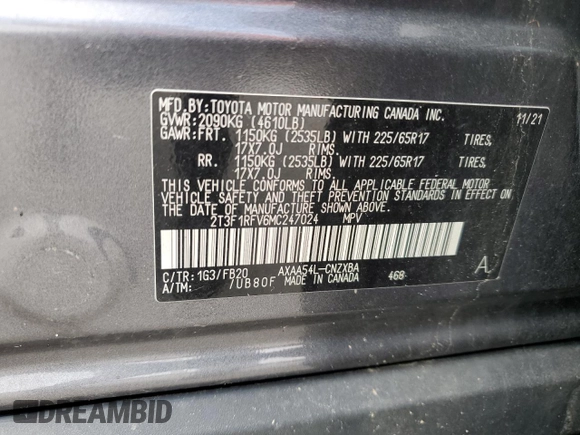 2021 Toyota RAV4 LE with VIN 2T3F1RFV6MC247024, listed as a Copart auction lot 56570715 with 49,043 mi miles and Salvage title. Bid and sale history available at DreamBid. Image 13.