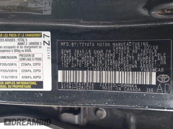 2006 Toyota Matrix STD with VIN 2T1KR32E66C592995, listed as a IAAI auction lot 41582222 with 299,999 mi miles and . Bid and sale history available at DreamBid. Image 9.