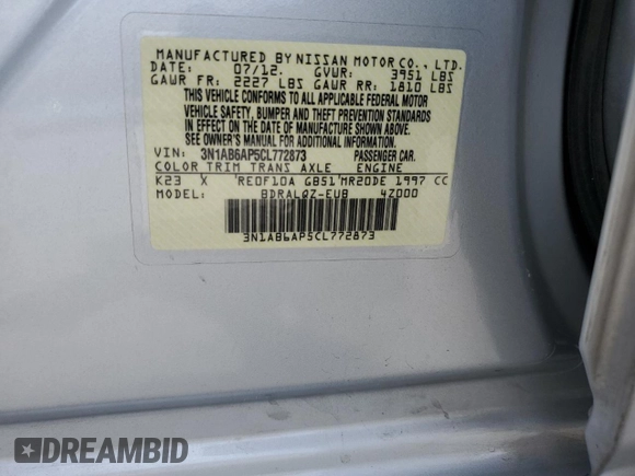 2012 Nissan Sentra S with VIN 3N1AB6AP5CL772873, listed as a Copart auction lot 58521585 with Not provided miles and Salvage title. Bid and sale history available at DreamBid. Image 12.