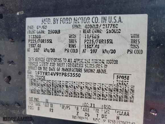 2000 Ford Ranger XL with VIN 1FTYR14V9YPB53550, listed as a Copart auction lot 86070564 with 190,757 mi miles and Salvage Title. Bid and sale history available at carsss.com. Image 12.