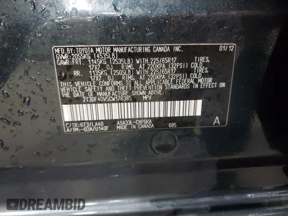 2012 Toyota RAV4 Limited with VIN 2T3DF4DV5CW178385, listed as a Copart auction lot 51358285 with 206,367 mi miles and Salvage Title. Bid and sale history available at DreamBid. Image 14.