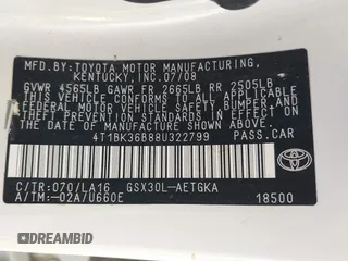 2008 Toyota Avalon XL with VIN 4T1BK36B88U322799, listed as a IAAI auction lot 42183577 with 185,655 mi miles. Bid and sale history available at carsss.com. Image 9.