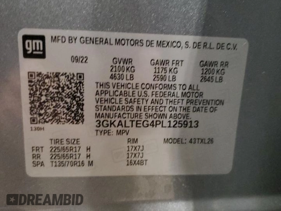 2023 GMC Terrain SLE with VIN 3GKALTEG4PL125913, listed as a Copart auction lot 57597685 with 53,450 mi miles and Salvage title. Bid and sale history available at DreamBid. Image 13.