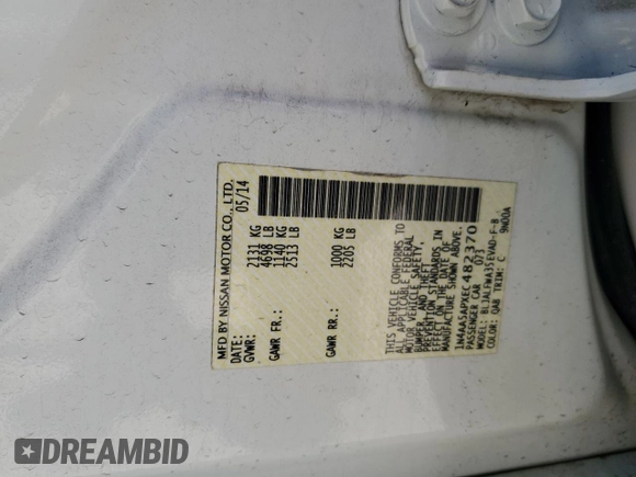 2014 Nissan Maxima SV with VIN 1N4AA5APXEC482370, listed as a Copart auction lot 55823175 with 143,614 mi miles and Salvage title. Bid and sale history available at DreamBid. Image 12.