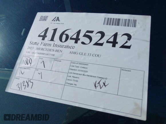 2023 Mercedes-Benz GLE 53 AMG with VIN 4JGFD6BB8PA837708, listed as a IAAI auction lot 41645242 with 31,385 mi miles and . Bid and sale history available at DreamBid. Image 18.
