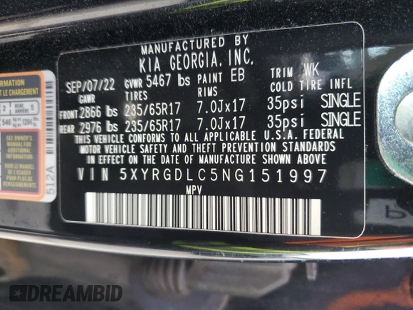 2022 Kia Sorento LX z VIN 5XYRGDLC5NG151997, wystawiony jako Copart lot #49039095 z przebiegiem 30 886 mil mil oraz Szkoda całkowita • Salvage title. Historia ofert i sprzedaży dostępna na DreamBid. Obrazek 14.