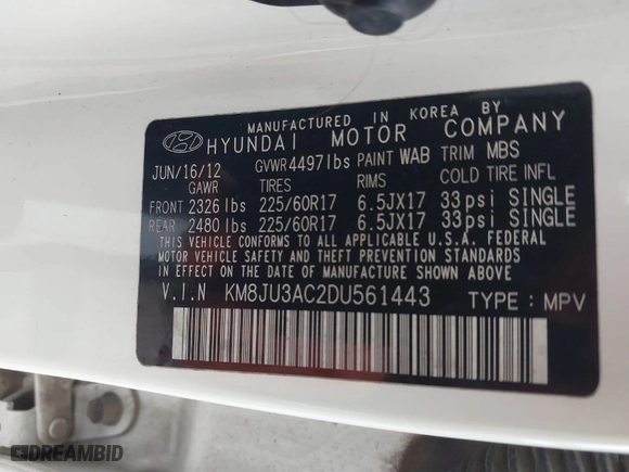 2013 Hyundai Tucson GLS with VIN KM8JU3AC2DU561443, listed as a IAAI auction lot 41600727 with 179,694 mi miles. Bid and sale history available at carsss.com. Image 9.