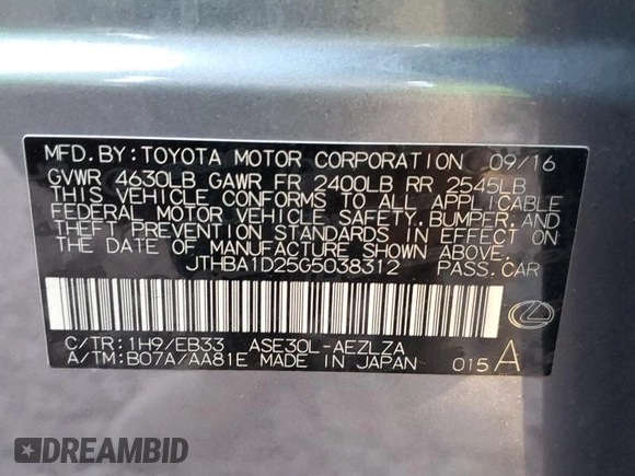 2016 Lexus IS 200t with VIN JTHBA1D25G5038312, listed as a Copart auction lot 44043785 with 112,824 mi miles and Salvage Title. Bid and sale history available at DreamBid. Image 12.