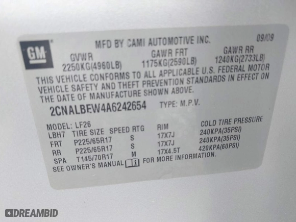 2010 Chevrolet Equinox LS with VIN 2CNALBEW4A6242654, listed as a IAAI auction lot 41957735 with 110,394 mi miles. Bid and sale history available at carsss.com. Image 9.